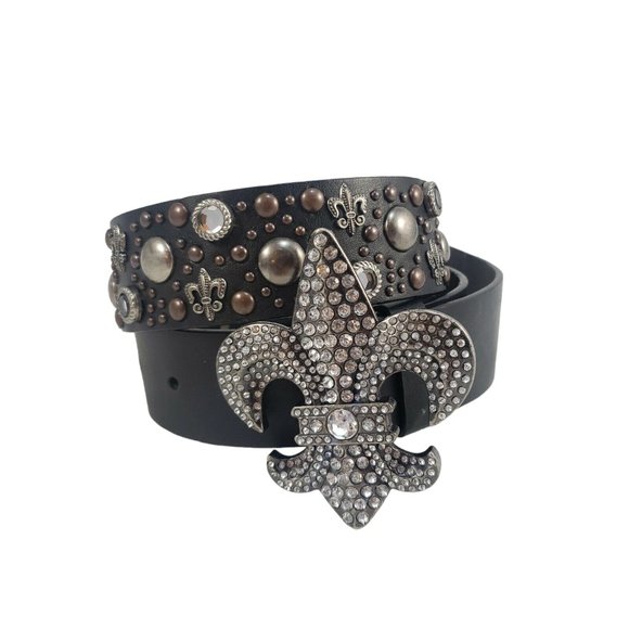 Fleur De Lis Belt Women's S Embellished Rhinestones Studded Glam Rock Chunky - Picture 1 of 7